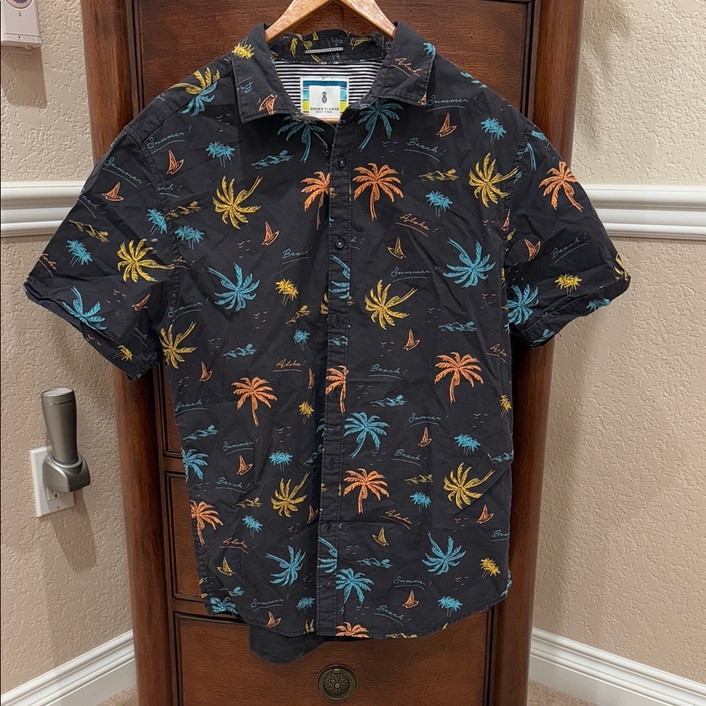 Denim & Flower Ricky Singh Men's Black Tropical Island Print‎ Button Down Shirt